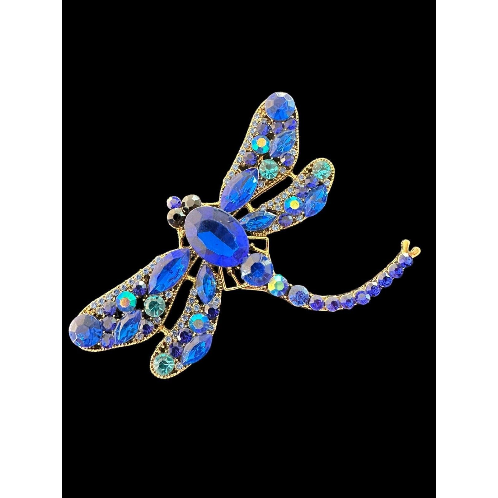 Dragonfly Brooch Sapphire Blue Crystal Rhinestones Gold Metal Large Pin